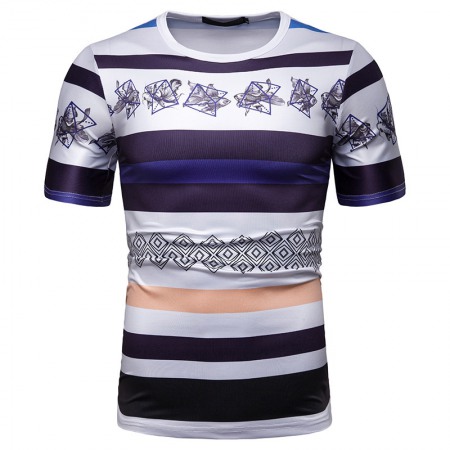 New Summer Men's Short-Sleeved T-Shirt Contrast Striped Slim Casual T-Shirt